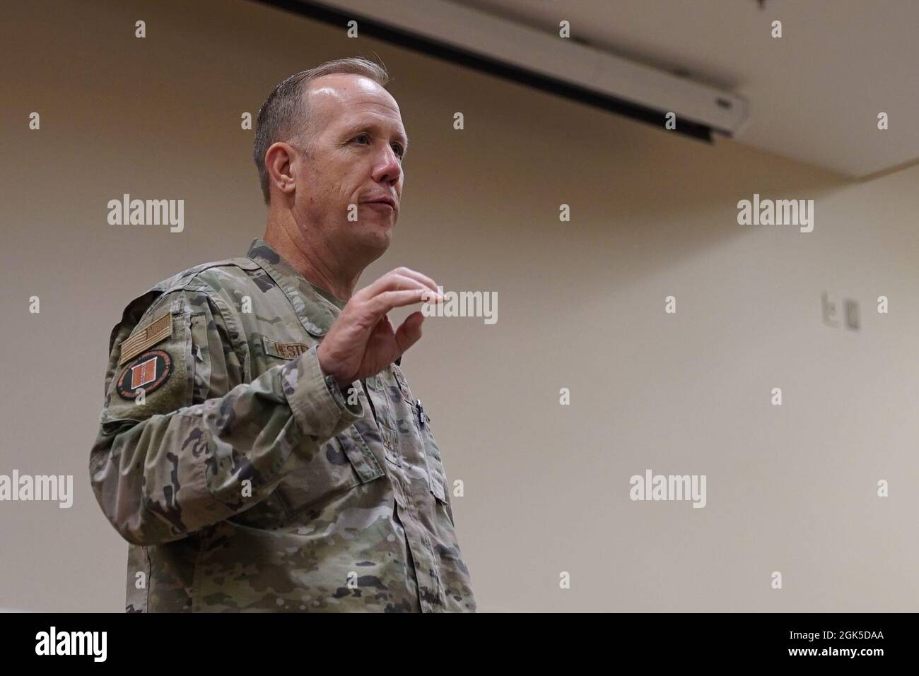 Col. Gregg Hesterman, commander of the joint task force that has provided oversight of Ohio National Guard COVID-19 support missions, speaks during an award ceremony Aug. 6, 2021, at the 147th Regiment (Regional Training Institute) on the Defense Supply Center Columbus campus in Columbus, Ohio. The event recognized Guard members and civilian partners for their efforts during the COVID-19 response. Stock Photo