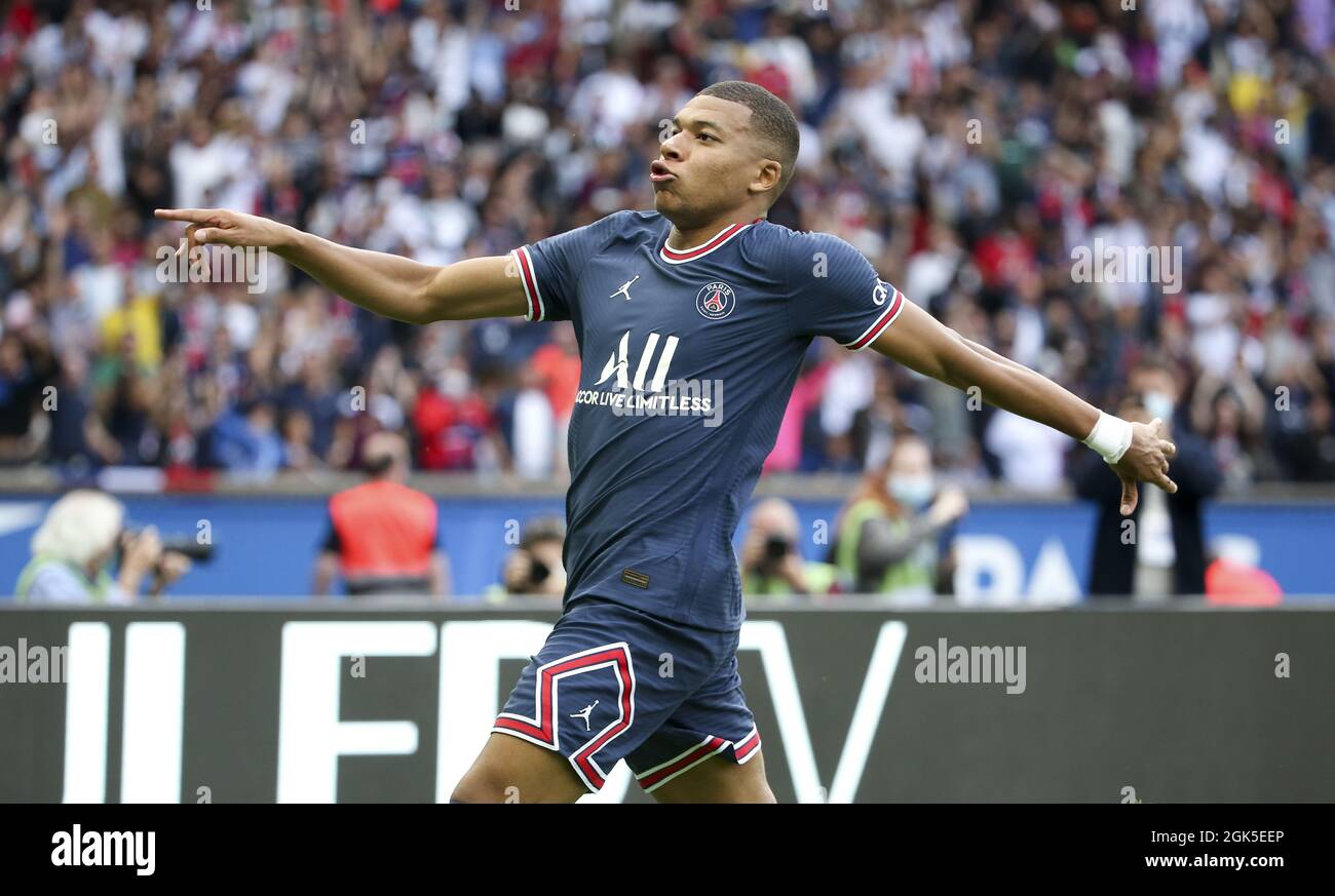 Kylian Mbappe of PSG celebrates his goal during the French championship  Ligue 1 football match between Paris Saint-Germain (PSG) and Clermont Foot  63 on September 11, 2021 at Parc des Princes stadium