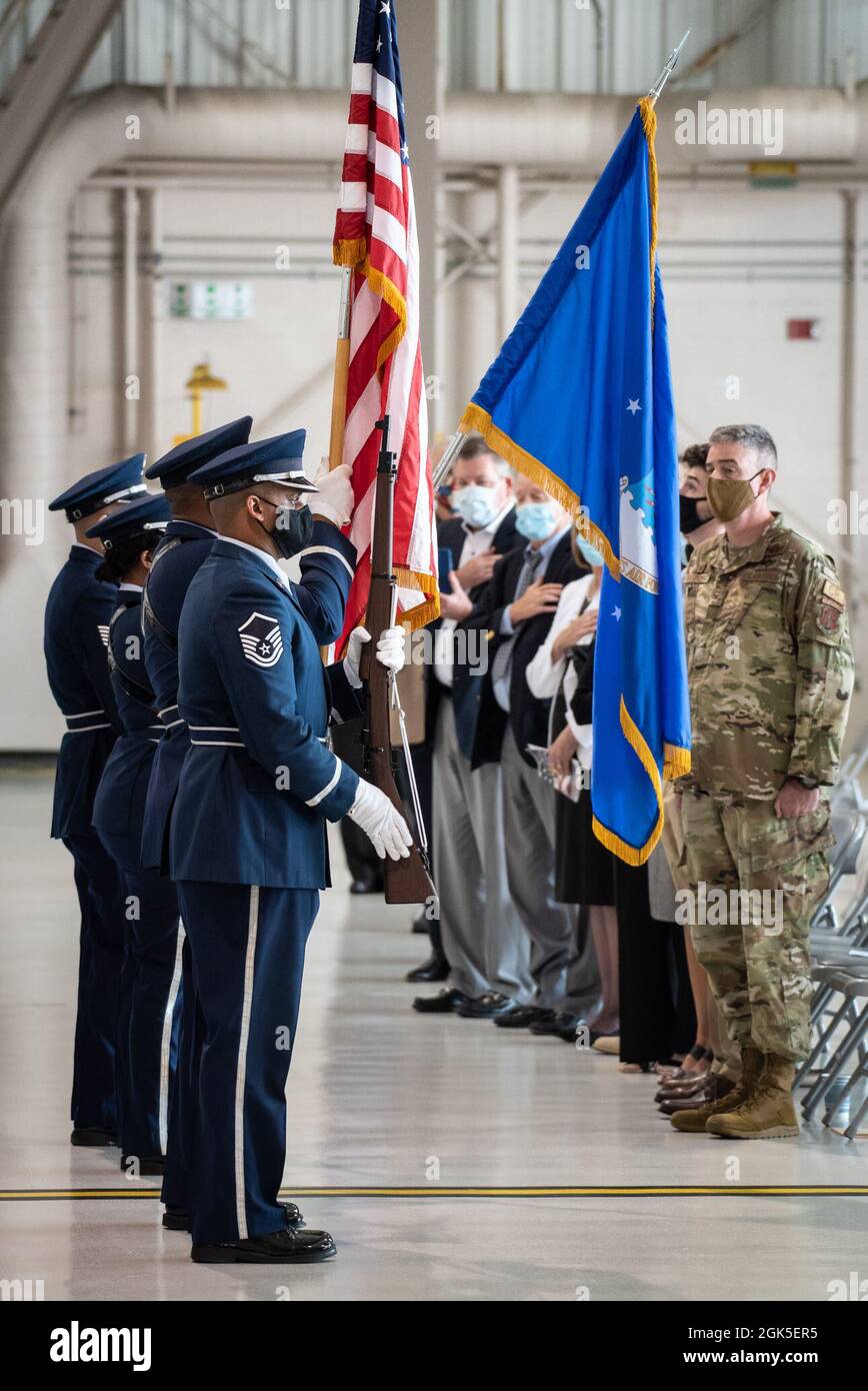 The 123rd Airlift Wing Honor Guard presents the colors during a ceremony to bestow a 19th Air Force Outstanding Unit Award on the wing at the Kentucky Air National Guard Base in Louisville, Ky., Aug. 7, 2021. The award, which is given to the top 10 percent of all units, recognizes the wing’s outstanding achievement across a full spectrum of operations, from homeland disaster response to the war effort overseas, between October 2017 and September 2019. No other airlift unit in the United States Air Force — active duty, Guard or Reserve — has earned 19 AFOUAs. Stock Photo