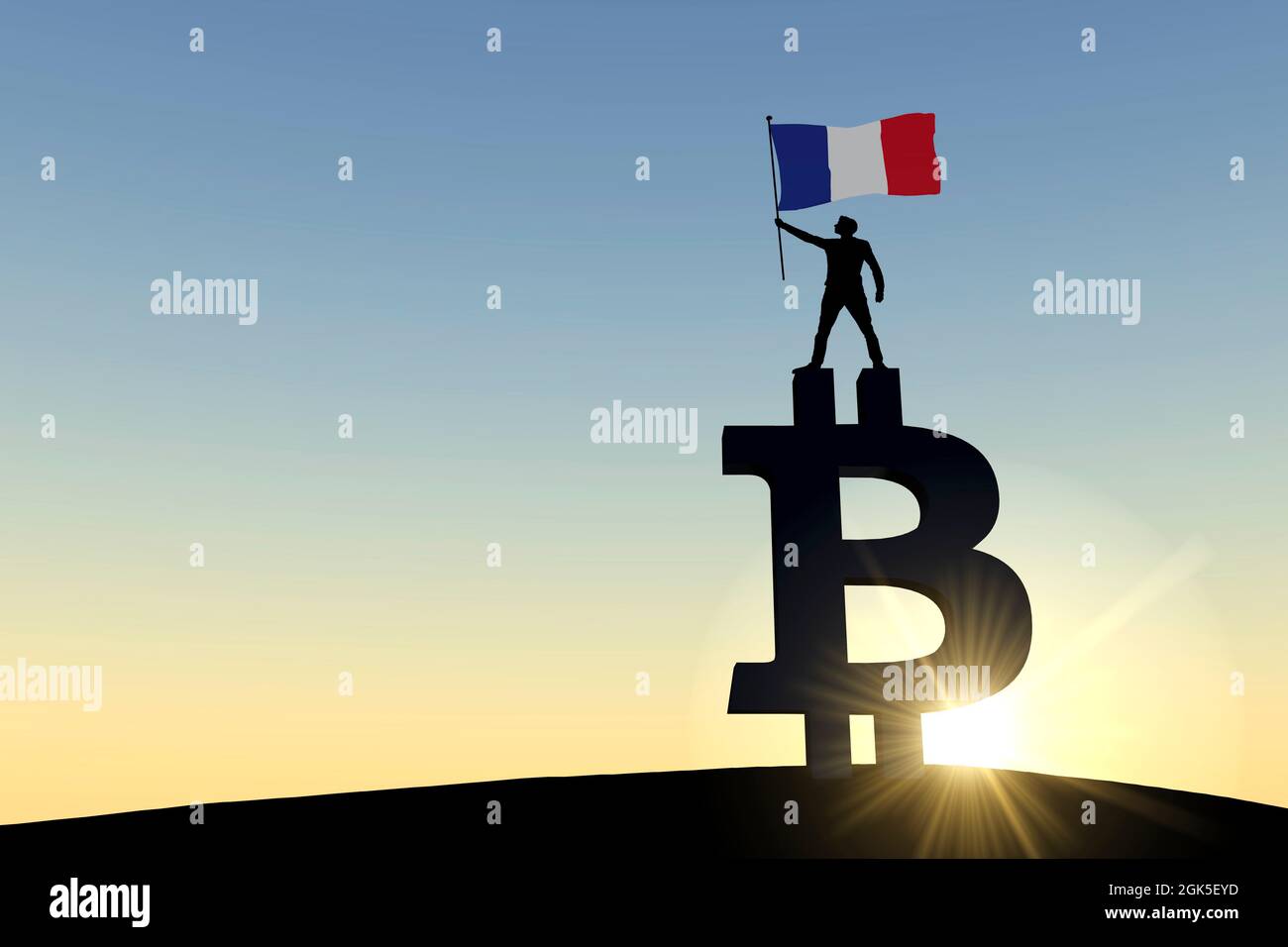 Person waving a france flag standing on top of a bitcoin cryptocurrency  symbol. 3D Rendering Stock Photo - Alamy
