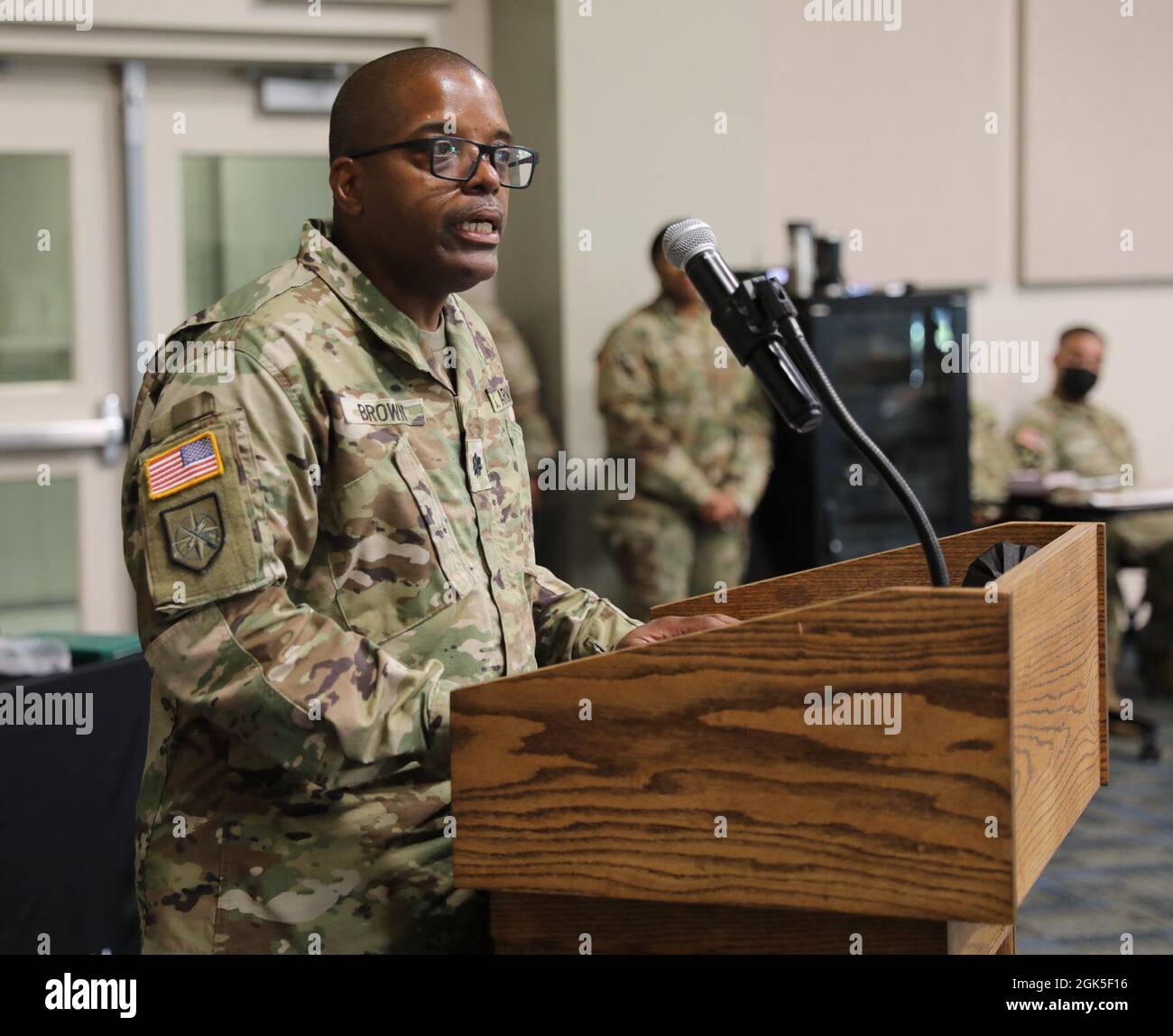 U.S. Army Lieutenant Colonel Pervis Brown, the outgoing commander of the Marietta-based 781st Troop Command Battalion, Georgia Army National Guard, thanks friends and family during his change of command ceremony at Clay National Guard Center Marietta, Georgia, on August 7, 2021. Brown relinquished his command to Maj. Aaron Holt, who previously served as the battalion's executive officer in 2017. Stock Photo