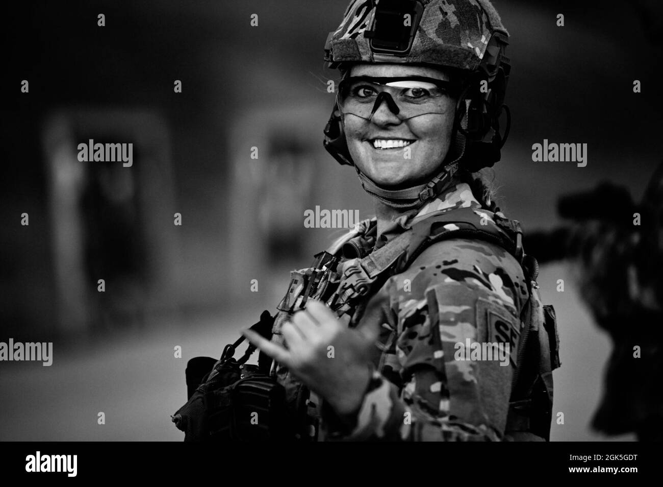 U.S. Air Force Tech. Sgt. Amanda Pruitt, a 126th Security Forces squad leader, smiles during training at Camp San Luis Obispo, California, August 7, 2021. Pruitt and her squadron spent the day firing weapons to meet qualifications for their career field. Stock Photo