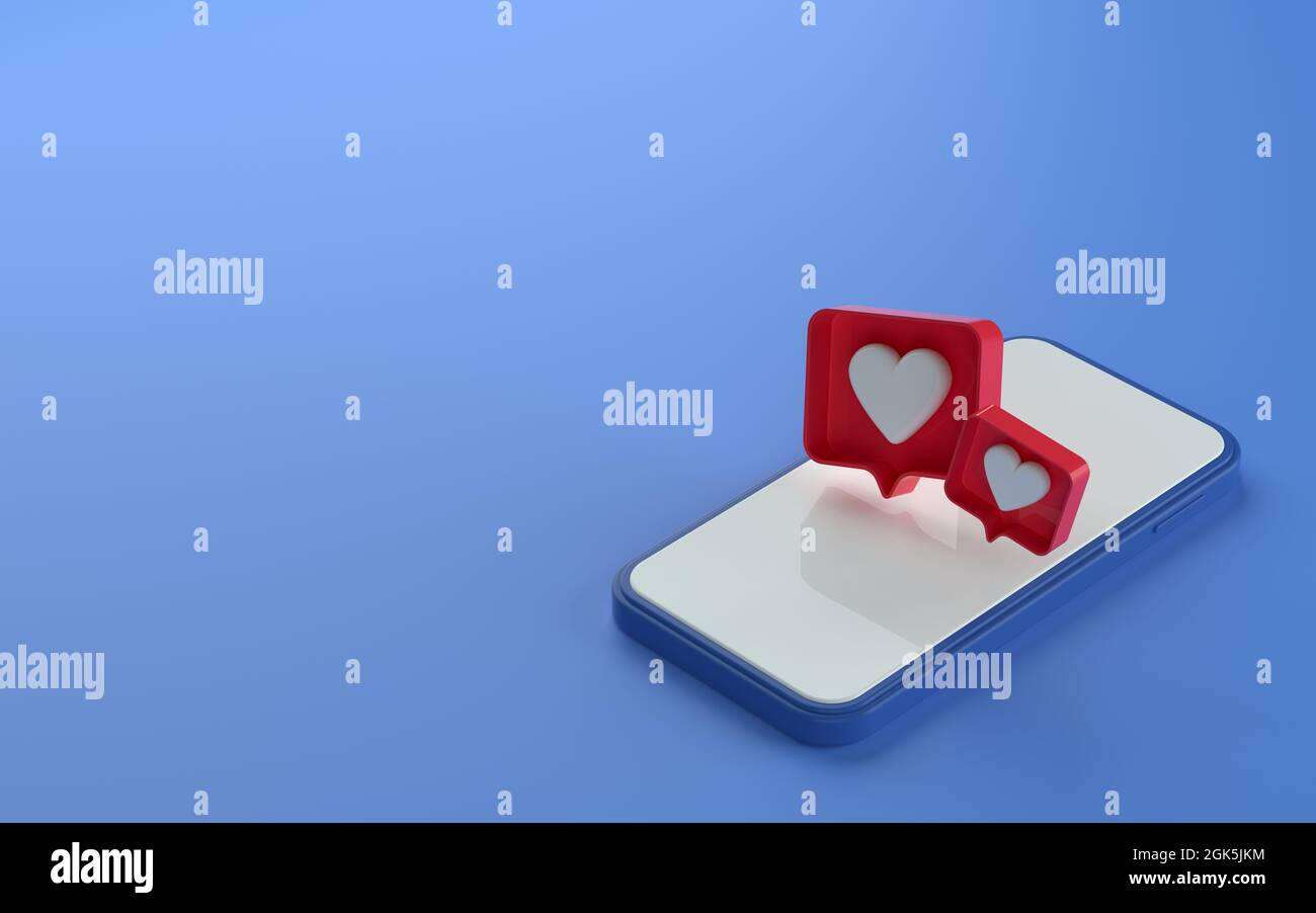3d illustration of isometric view phone with like notification icon on ...