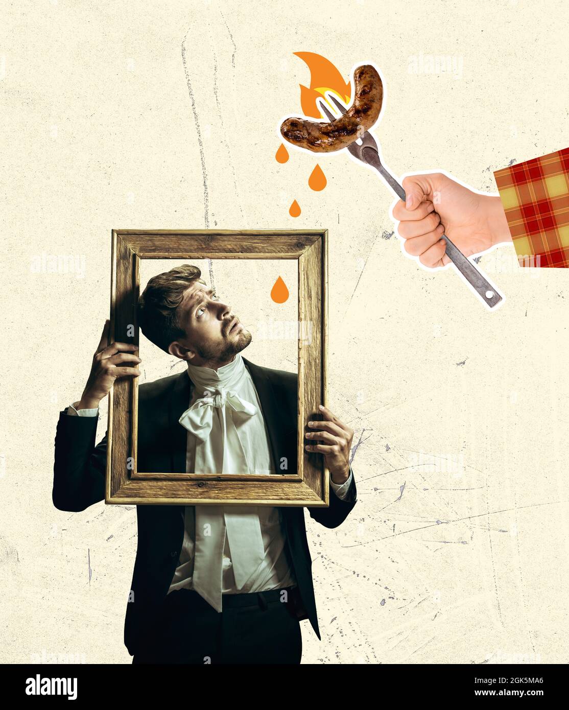 Portrait of male model like medieval royalty person in vintage clothing holding picture frame and looking warily at fried sausage. Contemporary art Stock Photo Alamy