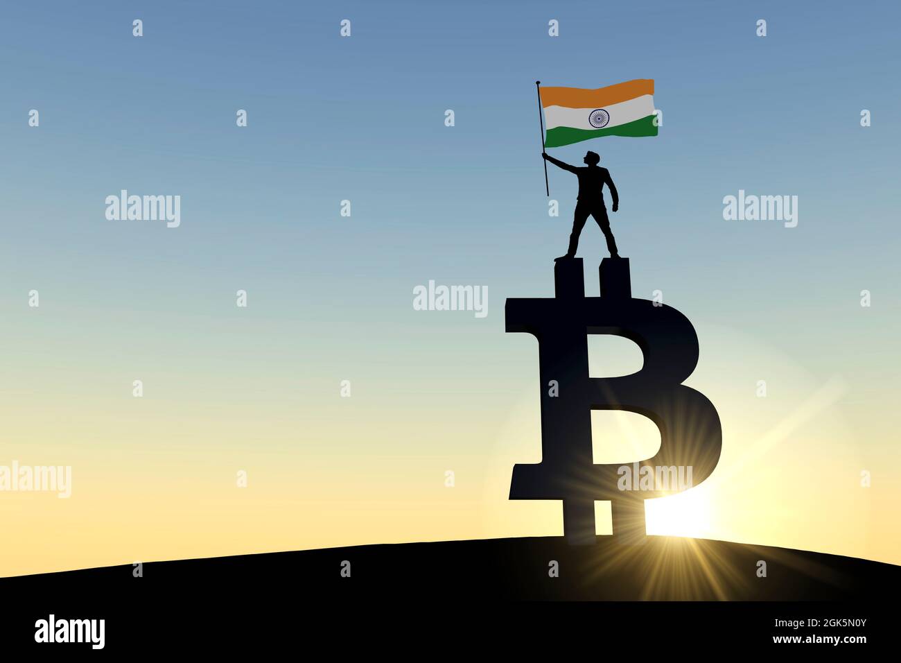 Person waving a india flag standing on top of a bitcoin cryptocurrency  symbol. 3D Rendering Stock Photo - Alamy