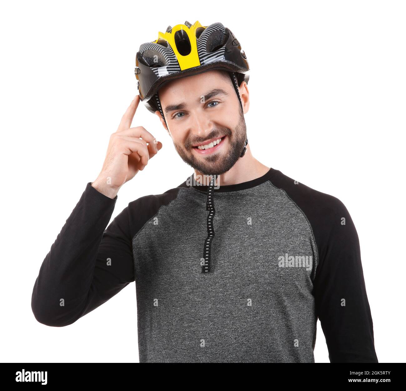 Handsome young bicycle rider with helmet on white background Stock ...