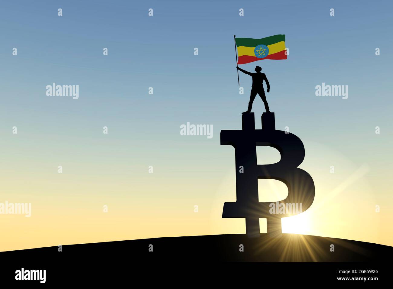 Person waving a ethiopia flag standing on top of a bitcoin cryptocurrency symbol. 3D Rendering Stock Photo