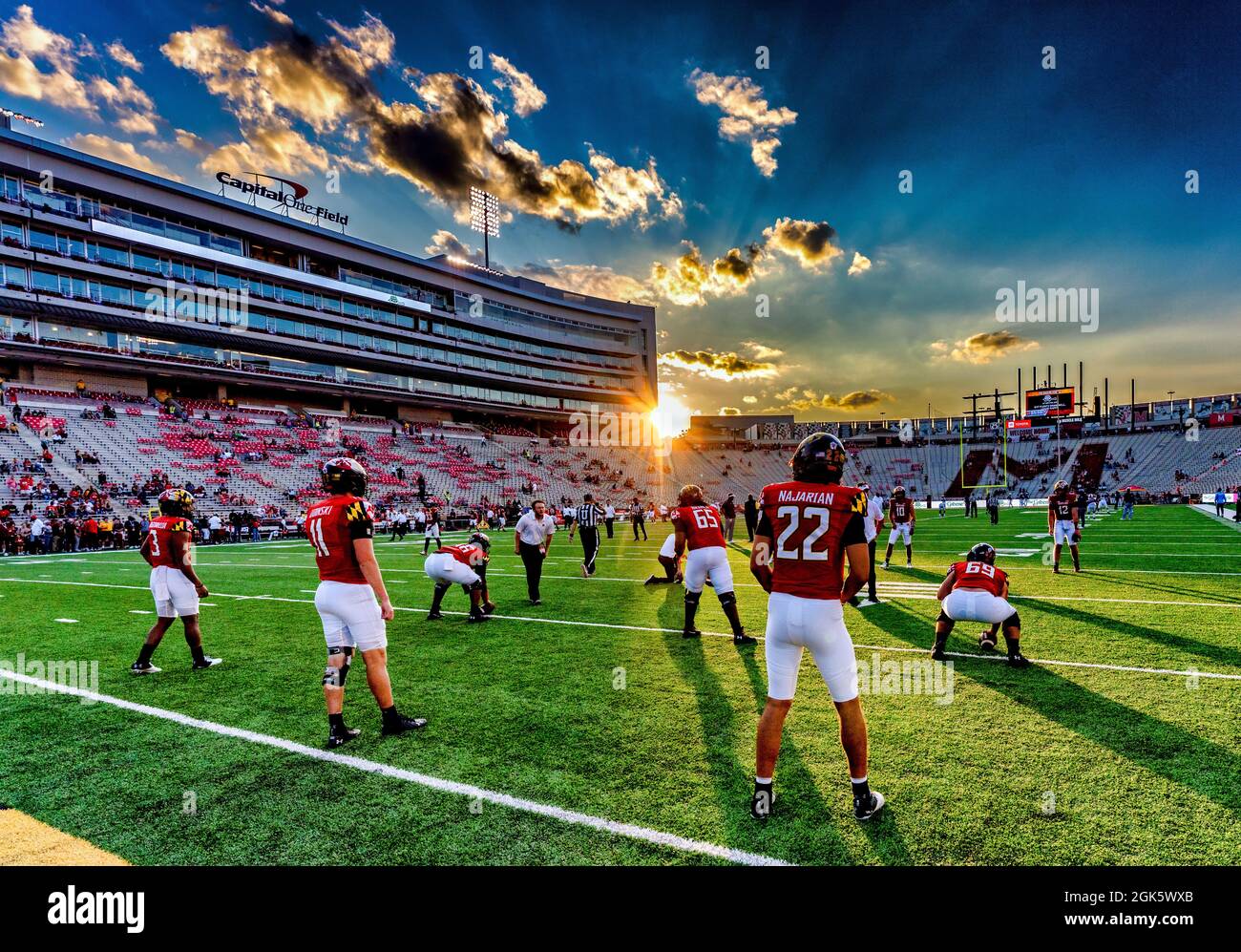 COLLEGE PARK, MD - SEPTEMBER 11: University of Maryland football players warm up before a game Stock Photo