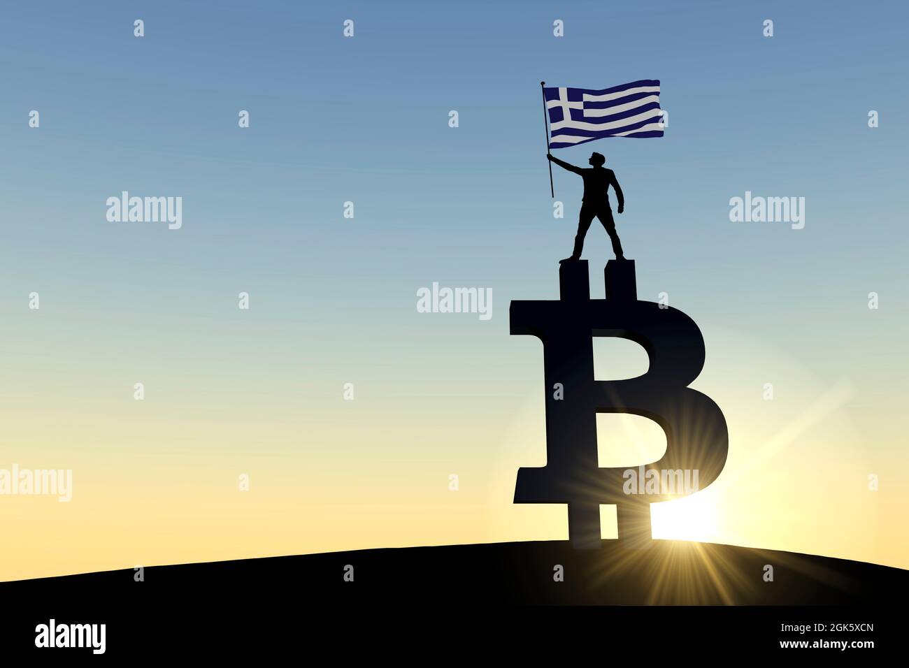 Person waving a greece flag standing on top of a bitcoin cryptocurrency  symbol. 3D Rendering Stock Photo - Alamy