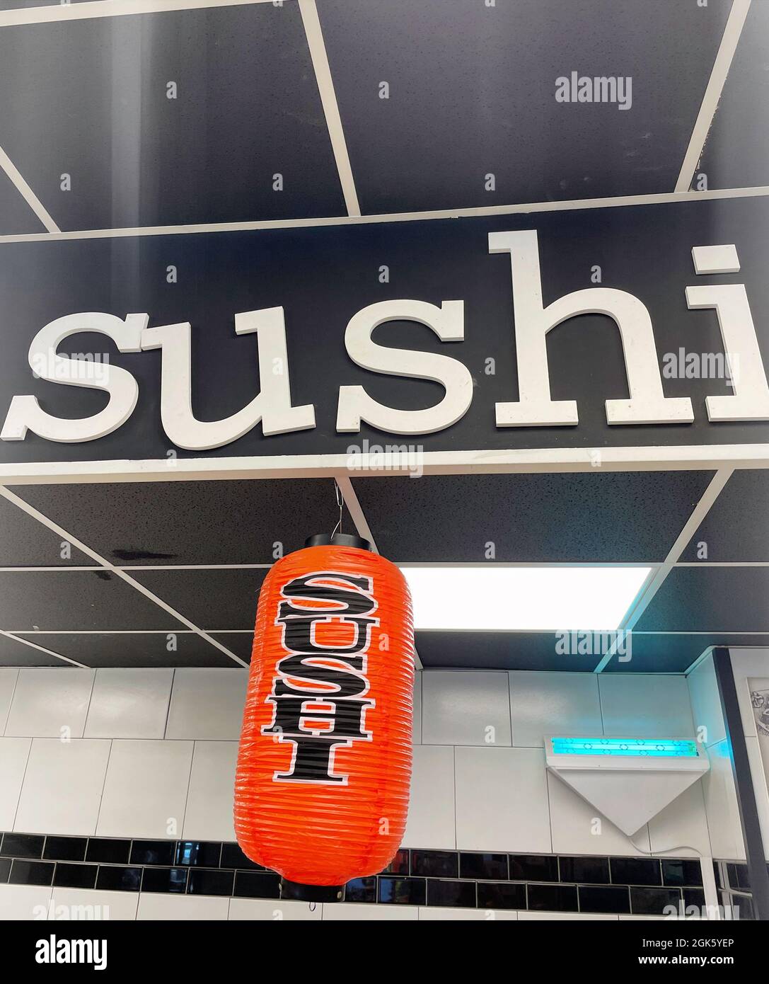 Sushi Counter Sign, Grocery Store, USA Stock Photo