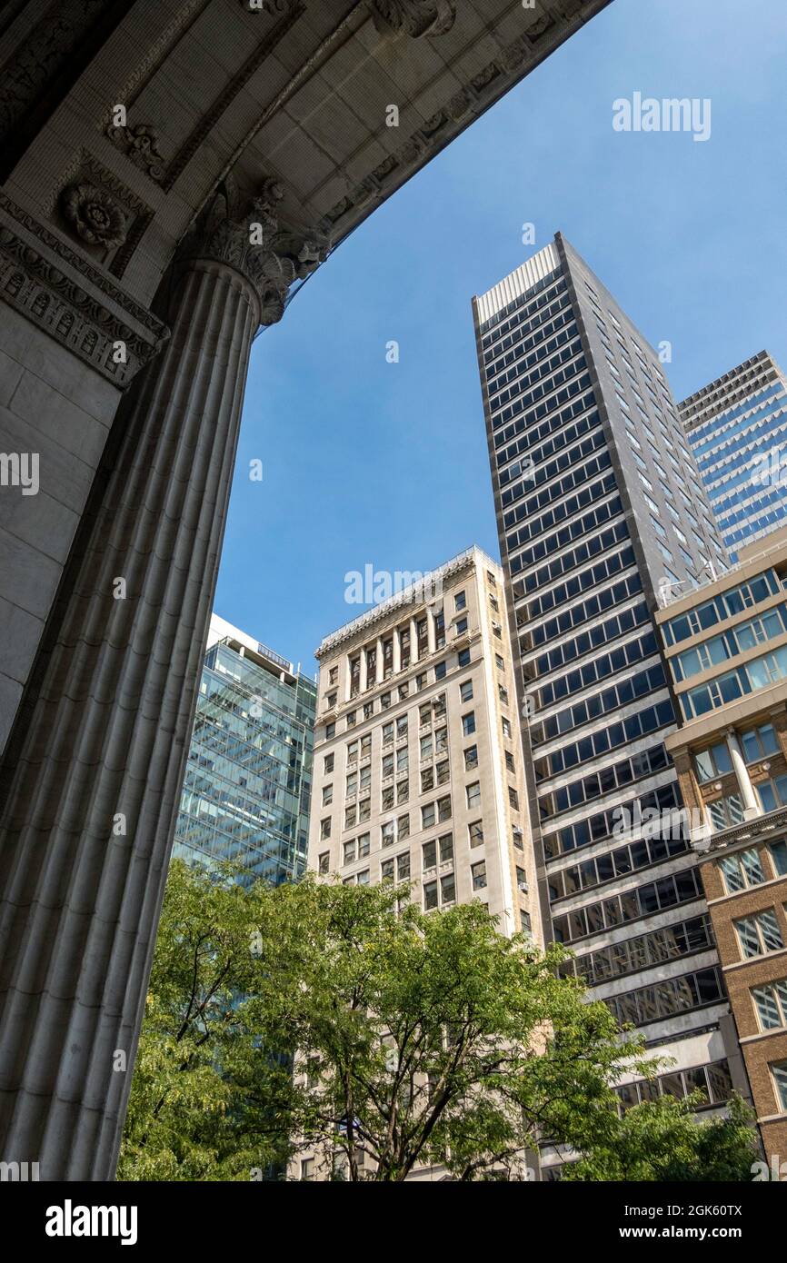 Buildings on Fifth Avenue as viewed from the New York Public Library entrance at 41st Street, USA Stock Photo