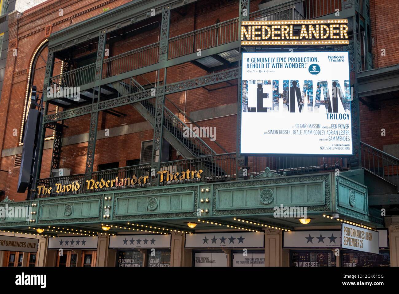 David T. Nederlander Theatre with the 'Lehman Trilogy' Marquee, NYC, USA  2021 Stock Photo