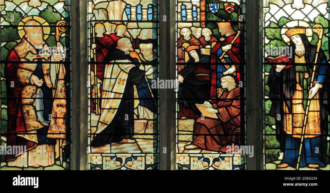 Synod of Whitby, AD 663, St Wilfrid presents Roman case for observance of Easter. King Oswiu and Abbess Hilda listen. Stained glass, Blakeney, Norfolk Stock Photo