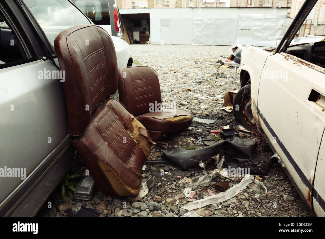 Crushed cars on salvage yard Stock Photo Alamy