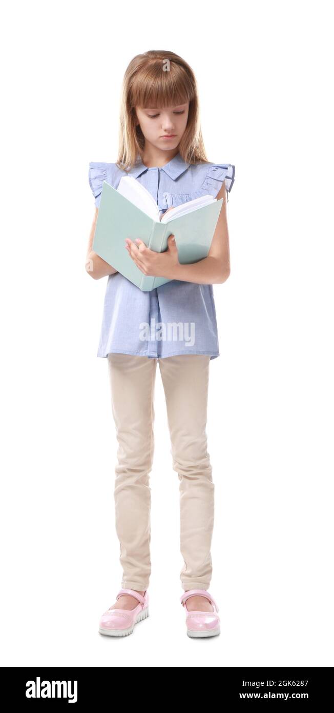 Pretty little girl with book on white background Stock Photo - Alamy