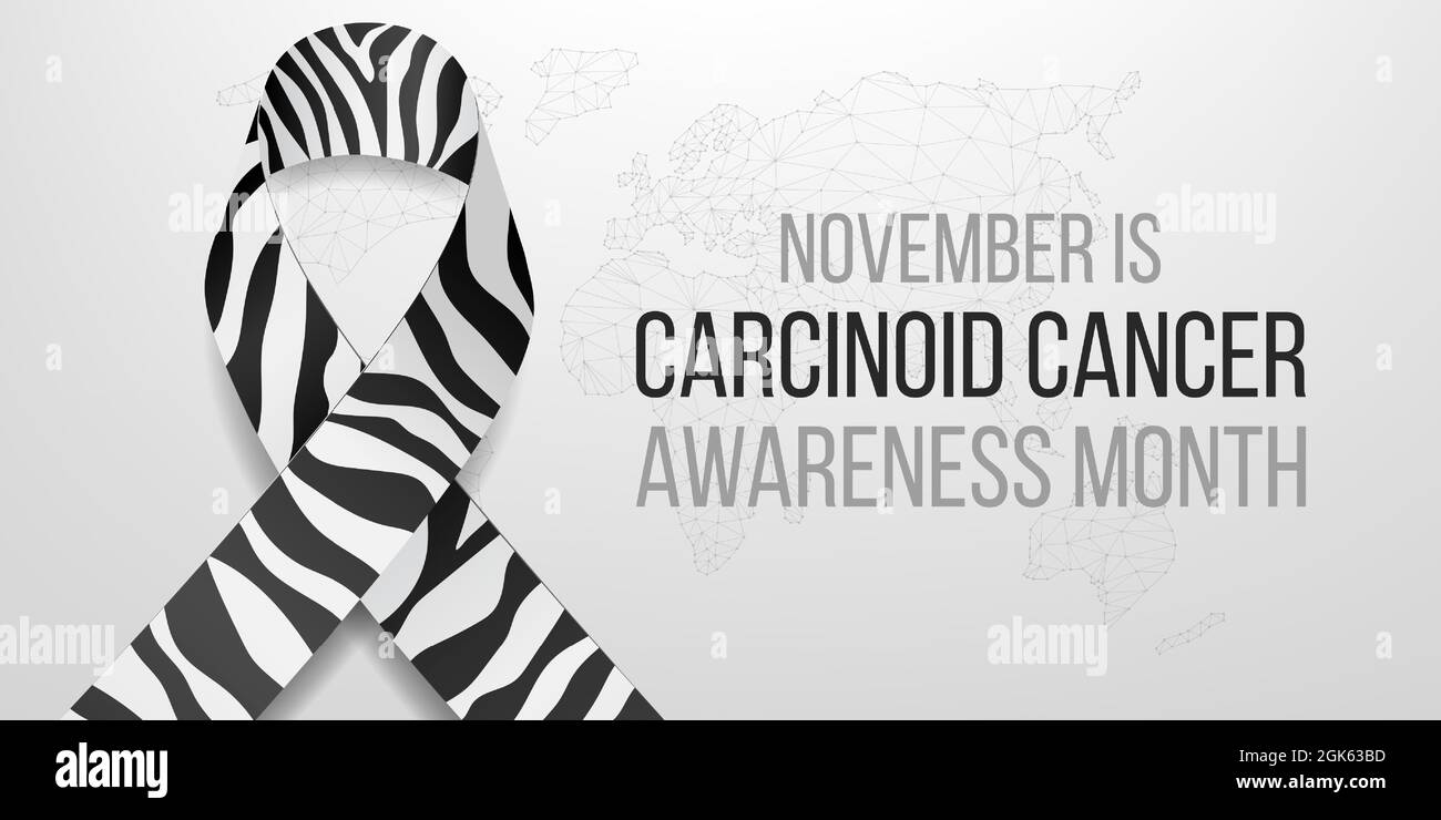 Carcinoid cancer awareness month concept. Banner template with zebra ribbon awareness and text. Vector illustration. Stock Vector