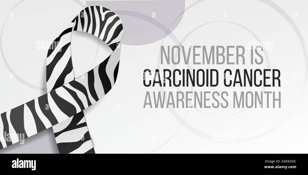 Carcinoid cancer awareness month concept. Banner template with zebra ribbon awareness and text. Vector illustration. Stock Vector