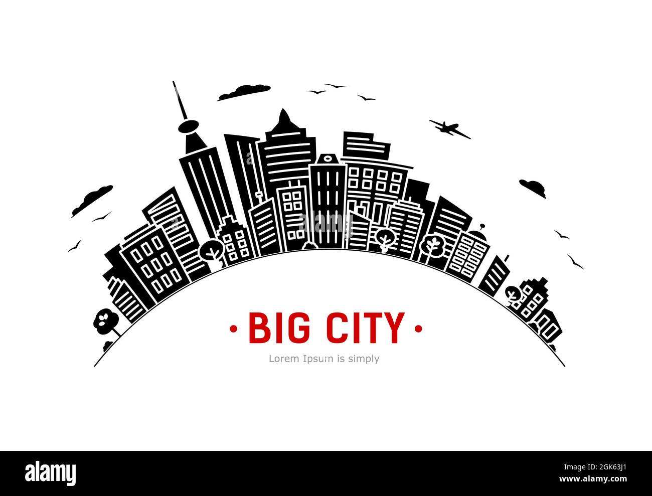 Black big City. Round Panorama of city buildings. Banner an empty space for text. Stock Vector