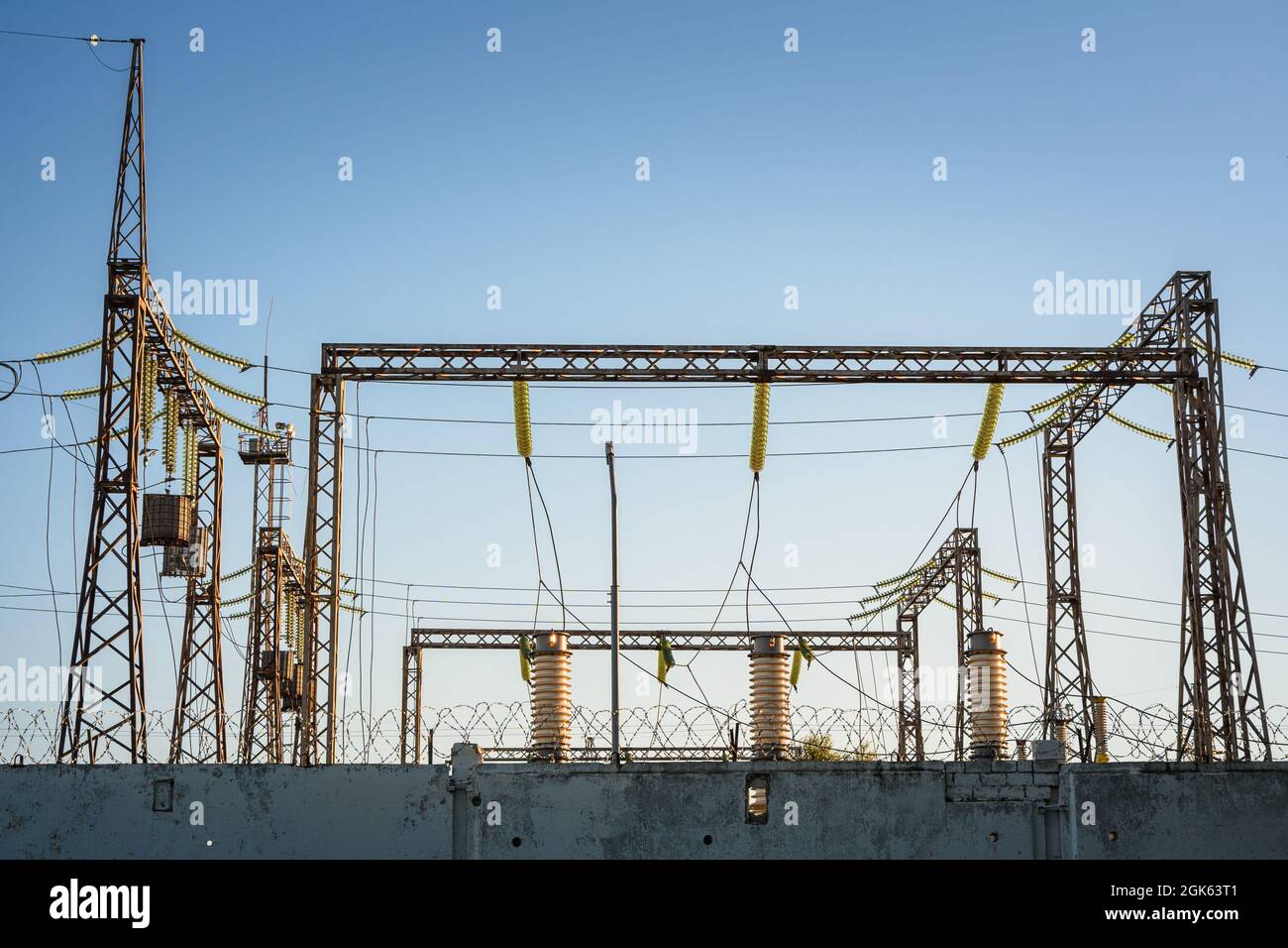 Distribution electric substation with power lines and transformers. A