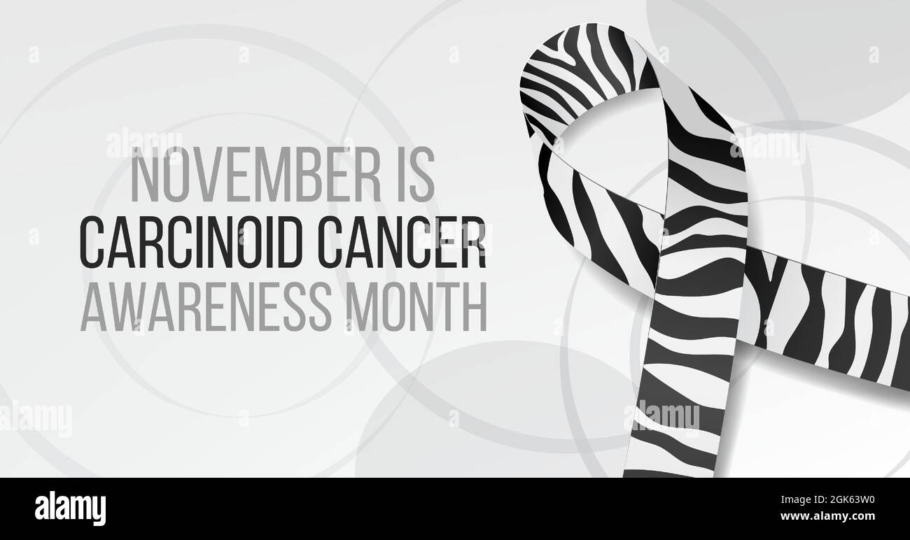 Carcinoid cancer awareness month concept. Banner template with zebra ribbon awareness and text. Vector illustration. Stock Vector