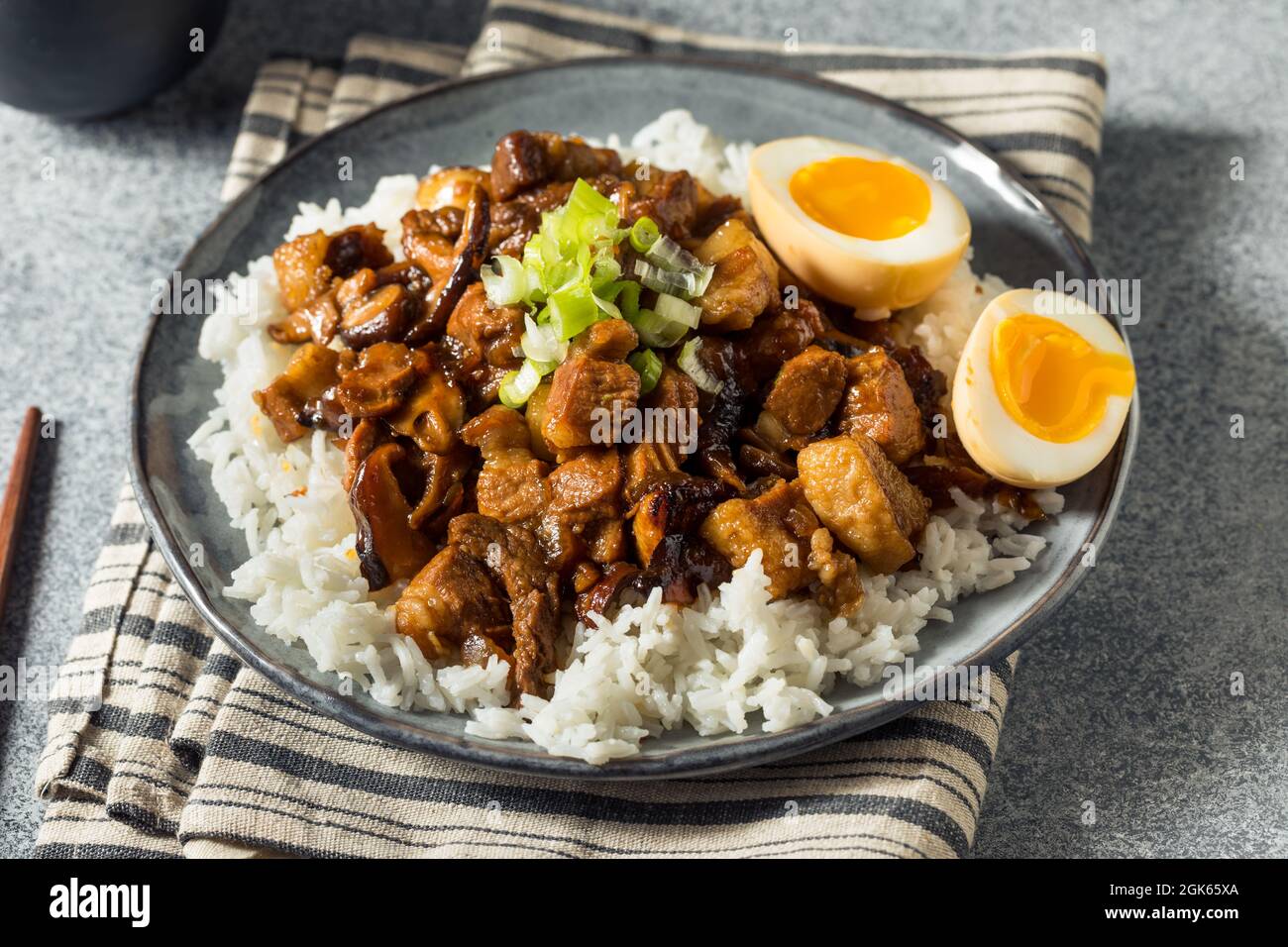 Homemade Taiwanese Braised Pork Belly with Rice and Eggs Stock Photo
