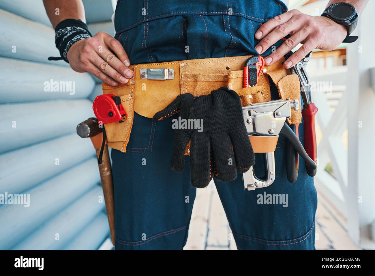 Tool holder belt around male person waist Stock Photo Alamy