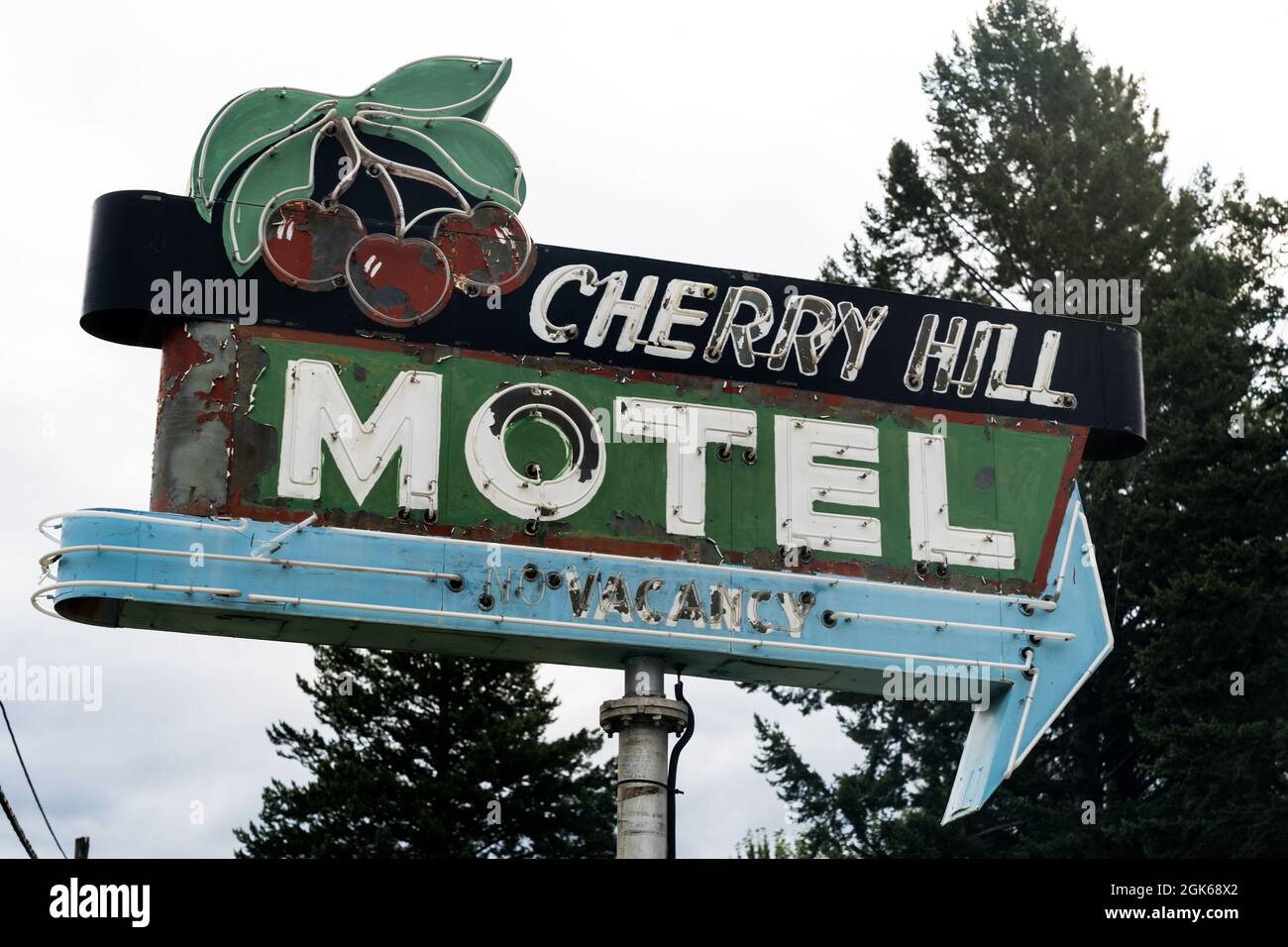 Polson, Montana August 18, 2021 Retro neon sign for the Cherry Hill Motel in the Flathead