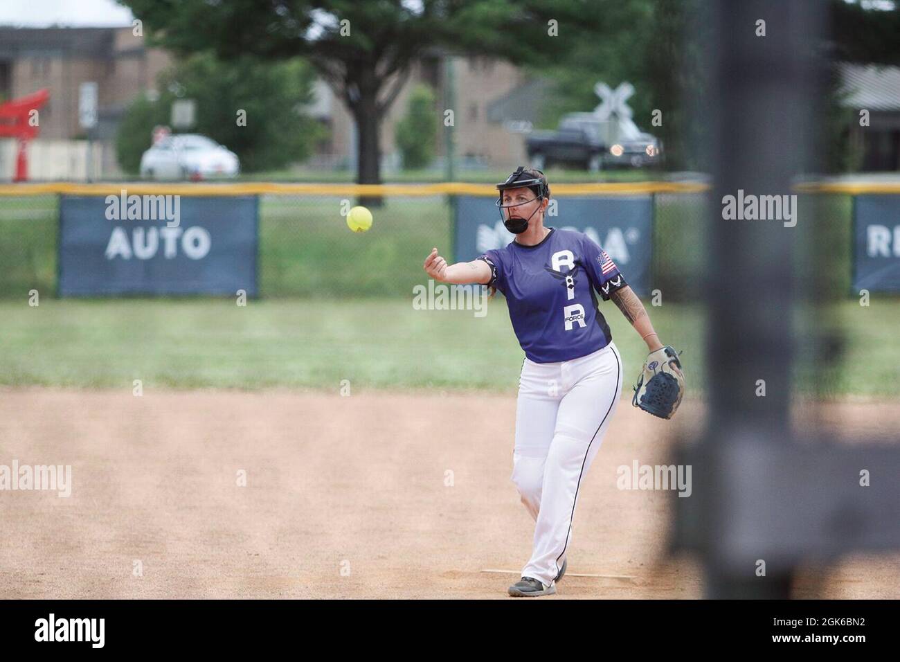 U.S. Air Force Staff Sgt. Megan Hines-Wade, Luke Air Force Base, Arizona, pitches during the 2021 Armed Forces Women's Softball Championship game Aug. 13 at Fort Campbell. Stock Photo