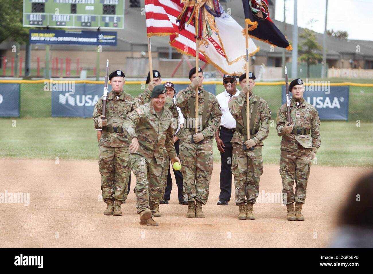 Colonel Andrew Q. Jordan, Fort Campbell garrison commander, throws the first pitch Aug. 13 during the 2021 Armed Forces Women's Softball Championship game at Fort Campbell. Stock Photo