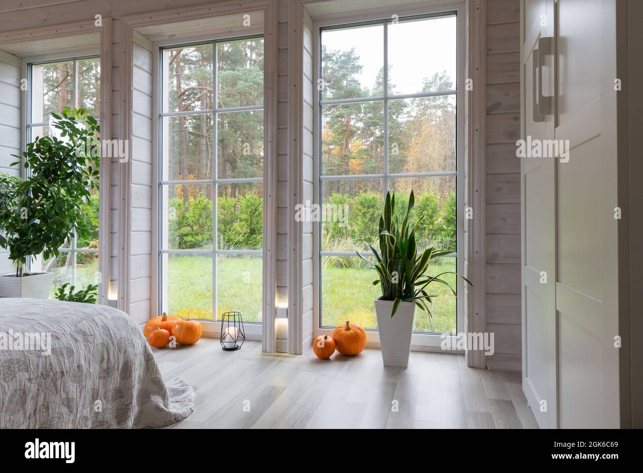 Bright photo studio interior with big window, high ceiling, white wooden floor Stock Photo