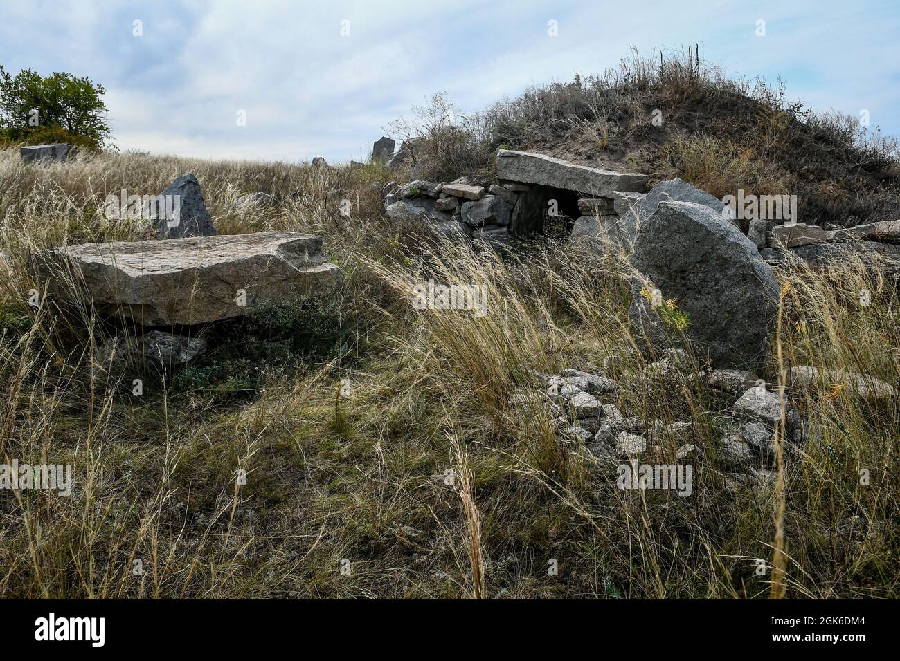 ZAPORIZHZHIA REGION, UKRAINE - SEPTEMBER 11, 2021 - The Scythian Camp Park of Megaliths is pictured during the Legends of Steppe 2021 Open Folk Festiv Stock Photo