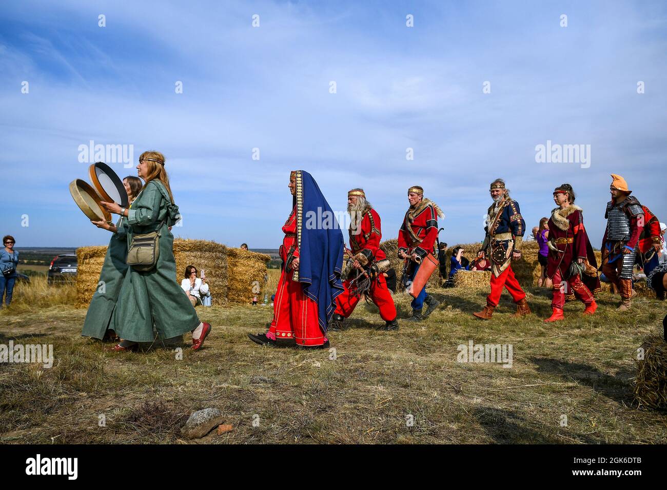 ZAPORIZHZHIA REGION, UKRAINE - SEPTEMBER 11, 2021 - History enthusiasts are pictured during the Legends of Steppe 2021 Open Folk Festival on Mount Oba Stock Photo