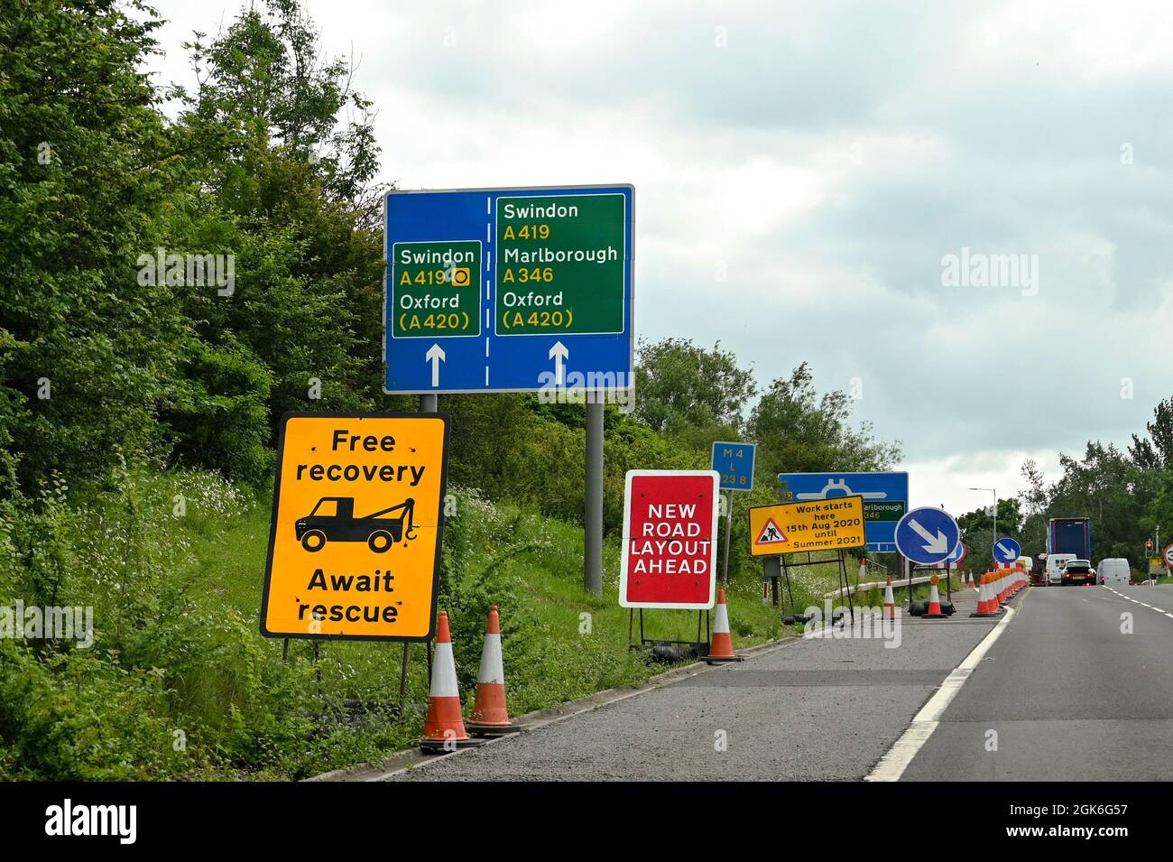 Swindon, England June 2021 Signs on the hard shoulder of a major