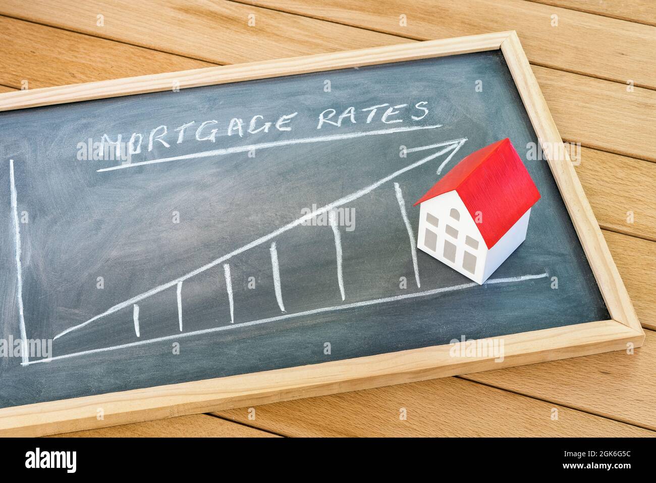 Rising mortgage rates. Graph representing the future rise in mortgage intereset rates drawn on a chalkboard lying on a wooden table Stock Photo