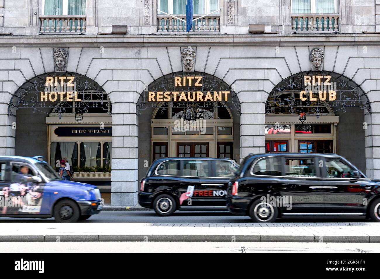 London, England - August 2021: Entrance to the Ritz Hotel and restaurant on central London Stock Photo