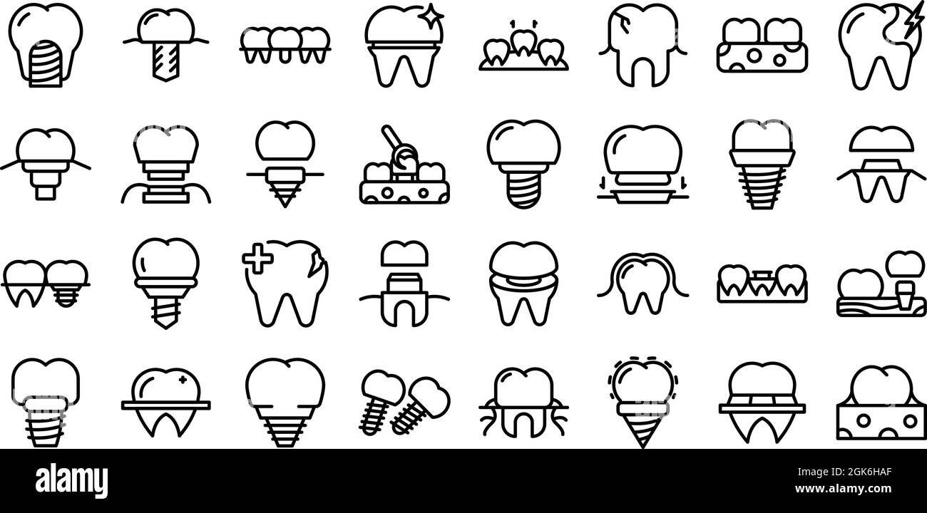 Dental implant icons set outline vector. Surgery jaw. Medicine screw