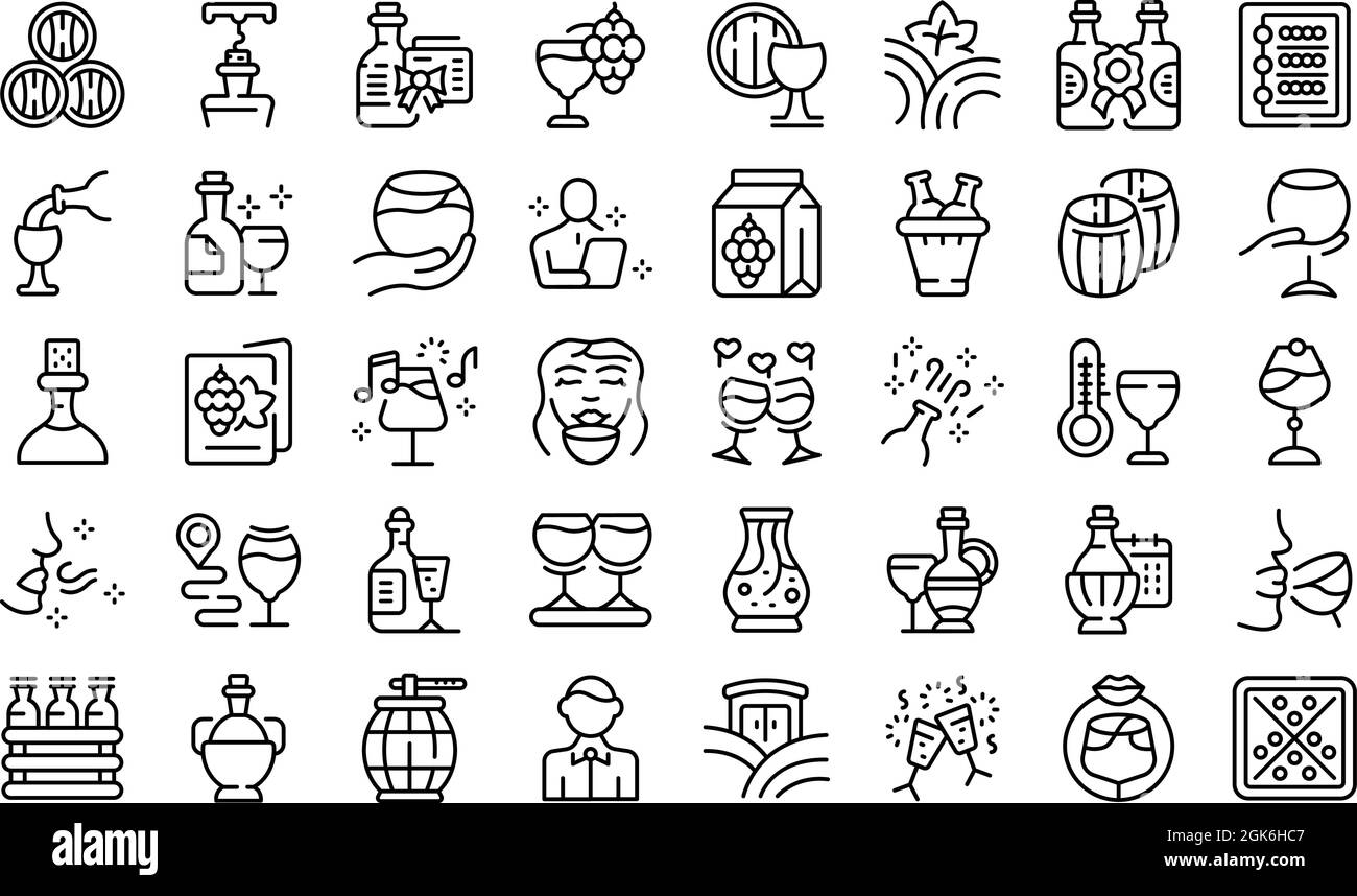 Sommelier party icons set outline vector. Champagne hand. Wine cheers Stock Vector