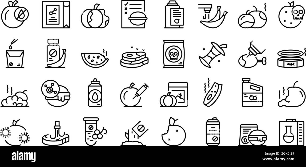 Food contamination icons set outline vector. Spoiled rotten. Virus touch Stock Vector