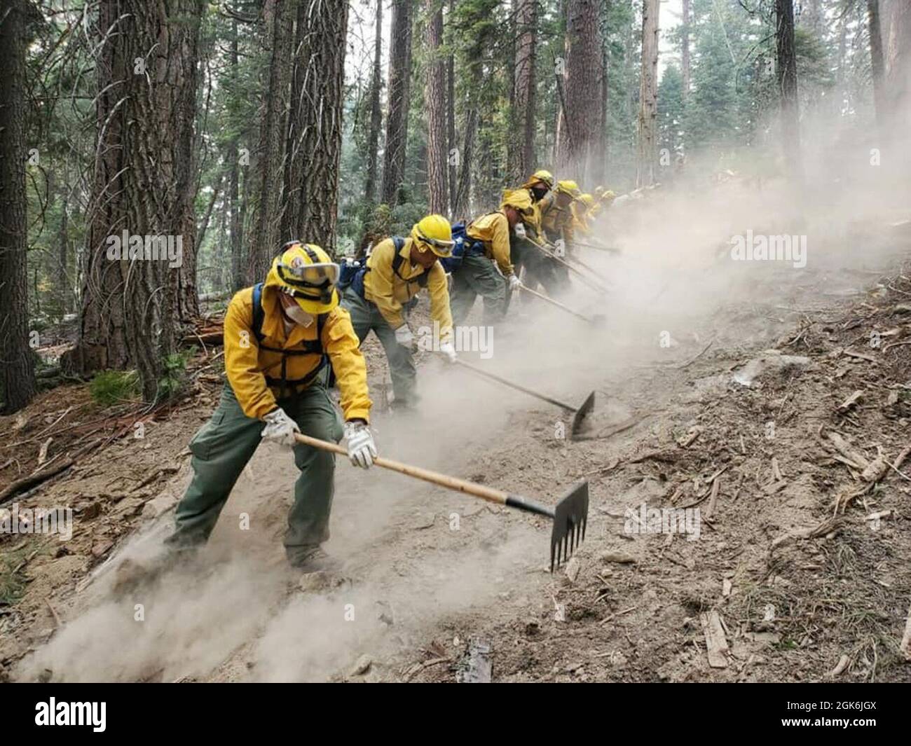 A handcrew from the California National Guard's Joint Task Force 578 fights the Dixie Fire as part of the mutual aid system in support of CAL FIRE, Aug. 16, 2021, in Northern California. Stock Photo