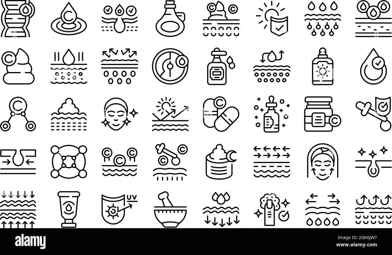 Collagen icons set outline vector. Acid skincare. Hair oil Stock Vector ...