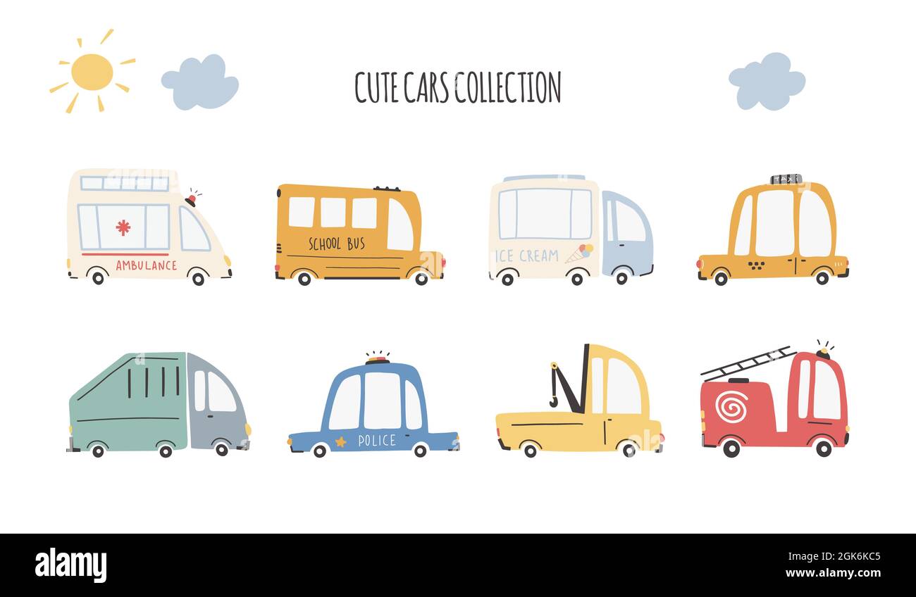 Cute cars collection. Cartoon funny transport. Vector cartoon illustrations in simple childish hand-drawn Scandinavian style for children. Fire, ambul Stock Vector