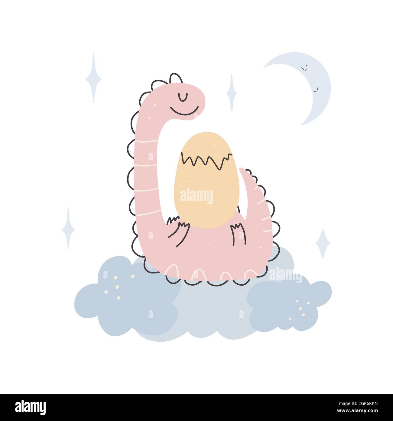 Cute sleeping pink dinosaur in the clouds. Happy simple childish hand-drawn cartoon doodle scandinavian style. Vector illustration. Isolate on a white Stock Vector