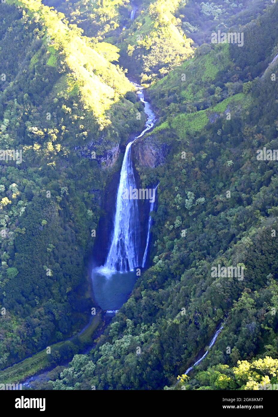 AERIAL VIEW OF KAUAI, HAWAII, USA....Manawaiopuna Falls (Jurassic Park Falls) Stock Photo