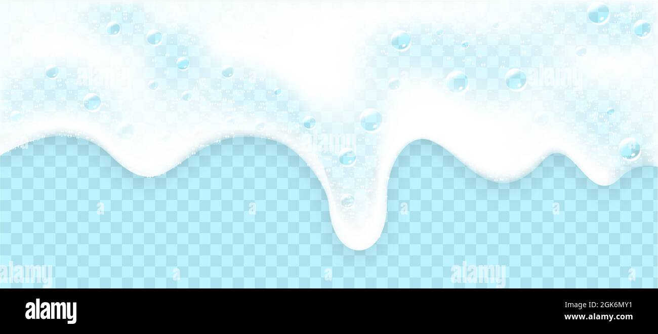 Shampoo falling rain of cool realistic water bubbles on transparent background. Cleaning liquid soap foam, shampoo bubbles in bath or shower. For bann Stock Vector