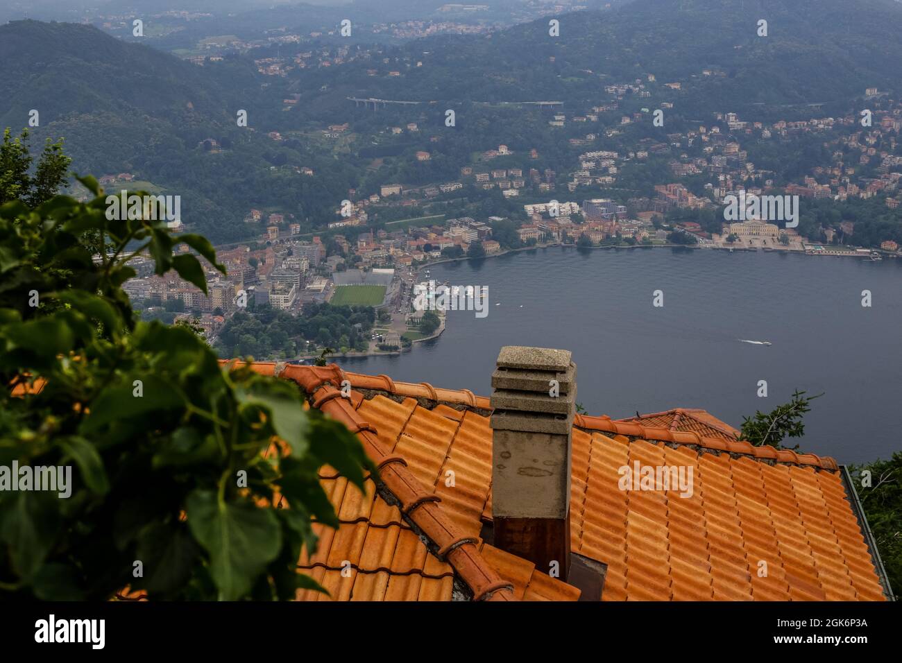 View of Como Lake and City from Brunate on a Rainy Day Stock Photo