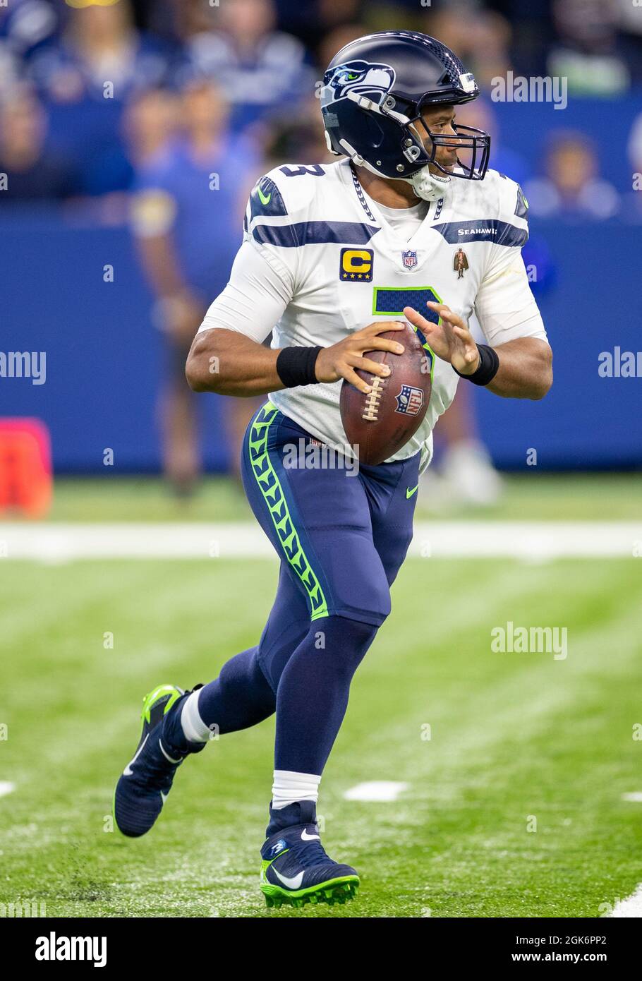 September 12, 2021: Seattle Seahawks quarterback Russell Wilson (3) passes the ball during NFL football game action between the Seattle Seahawks and the Indianapolis Colts at Lucas Oil Stadium in Indianapolis, Indiana. Seattle defeated Indianapolis 28-16. John Mersits/CSM/Sipa USA.(Credit Image: &copy; John Mersits/CSM/Sipa USA) Stock Photo
