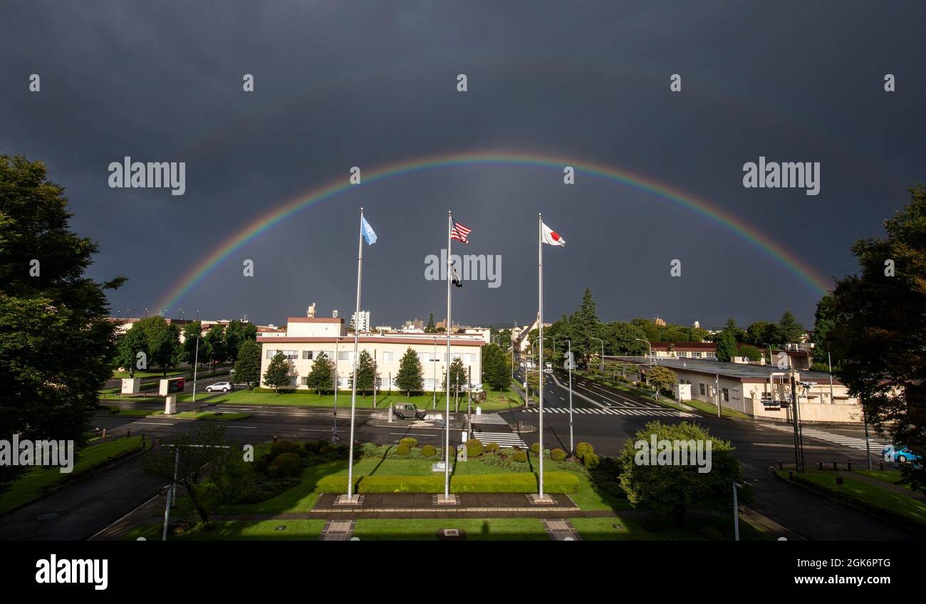 A double rainbow appears over Yokota Air Base, Japan after a rain front passed the Kanto plain, Aug. 18, 2021. Stock Photo