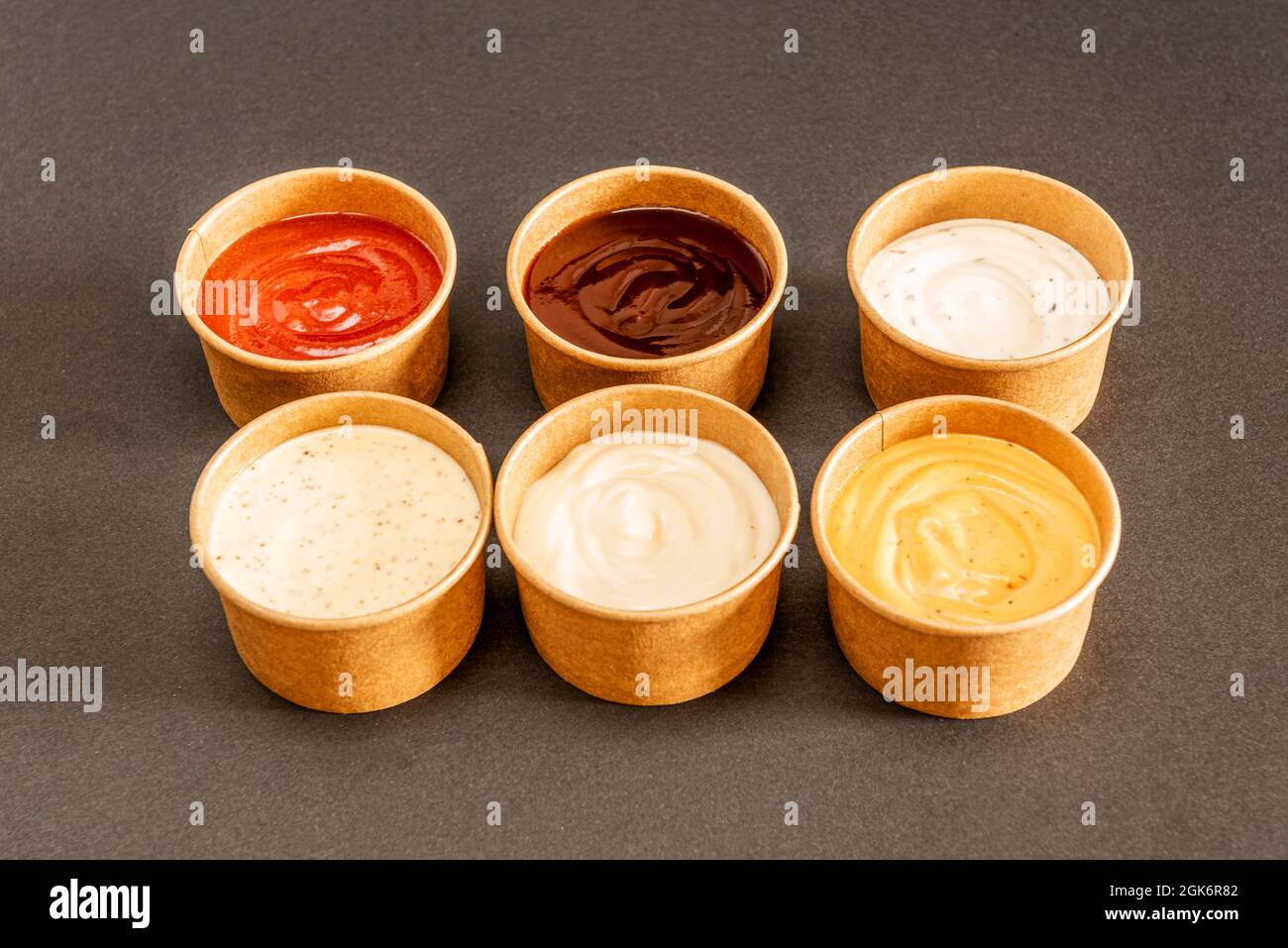 set of tomato sauces, roasted roast, yellow mustard, mayonnaise, tartar