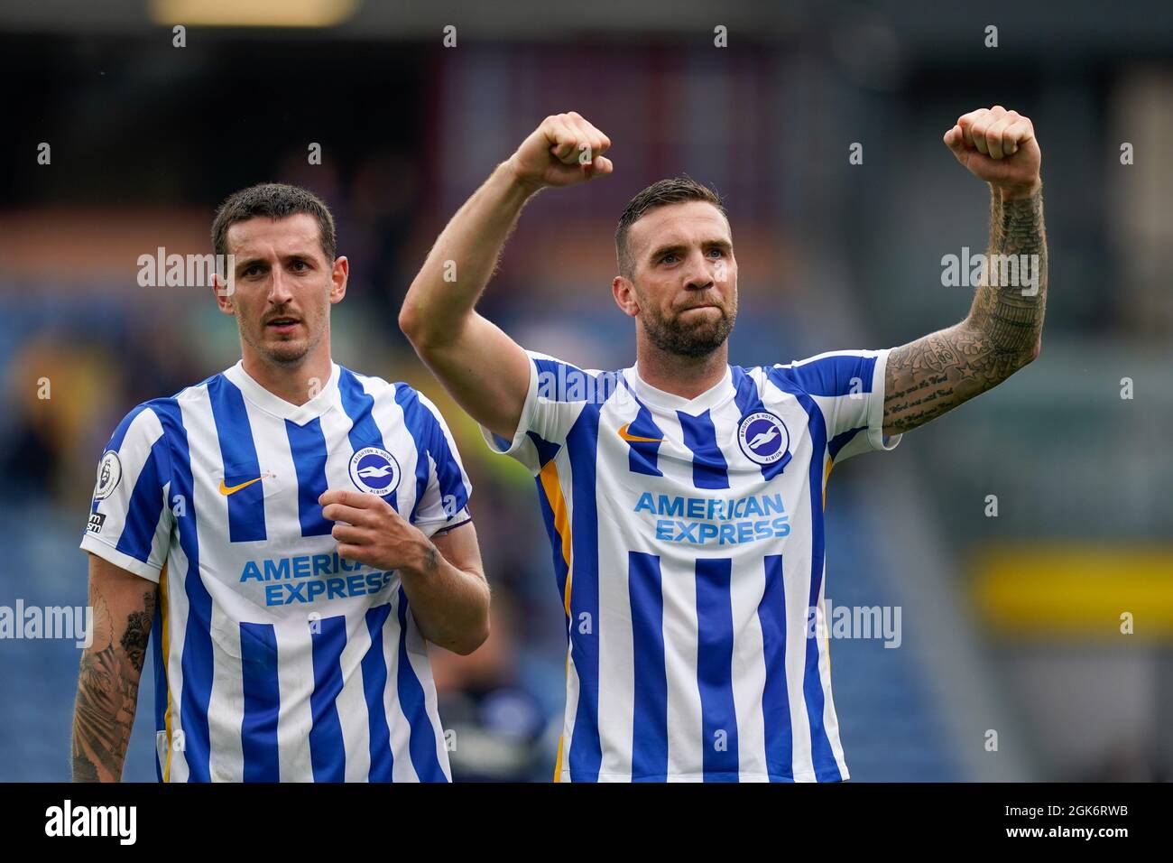 Brighton's Shane Duffy and Lewis Dunk salute the crowd after the match Picture by Steve Flynn/AHPIX.com, Football: English Premier League match Burnle Stock Photo