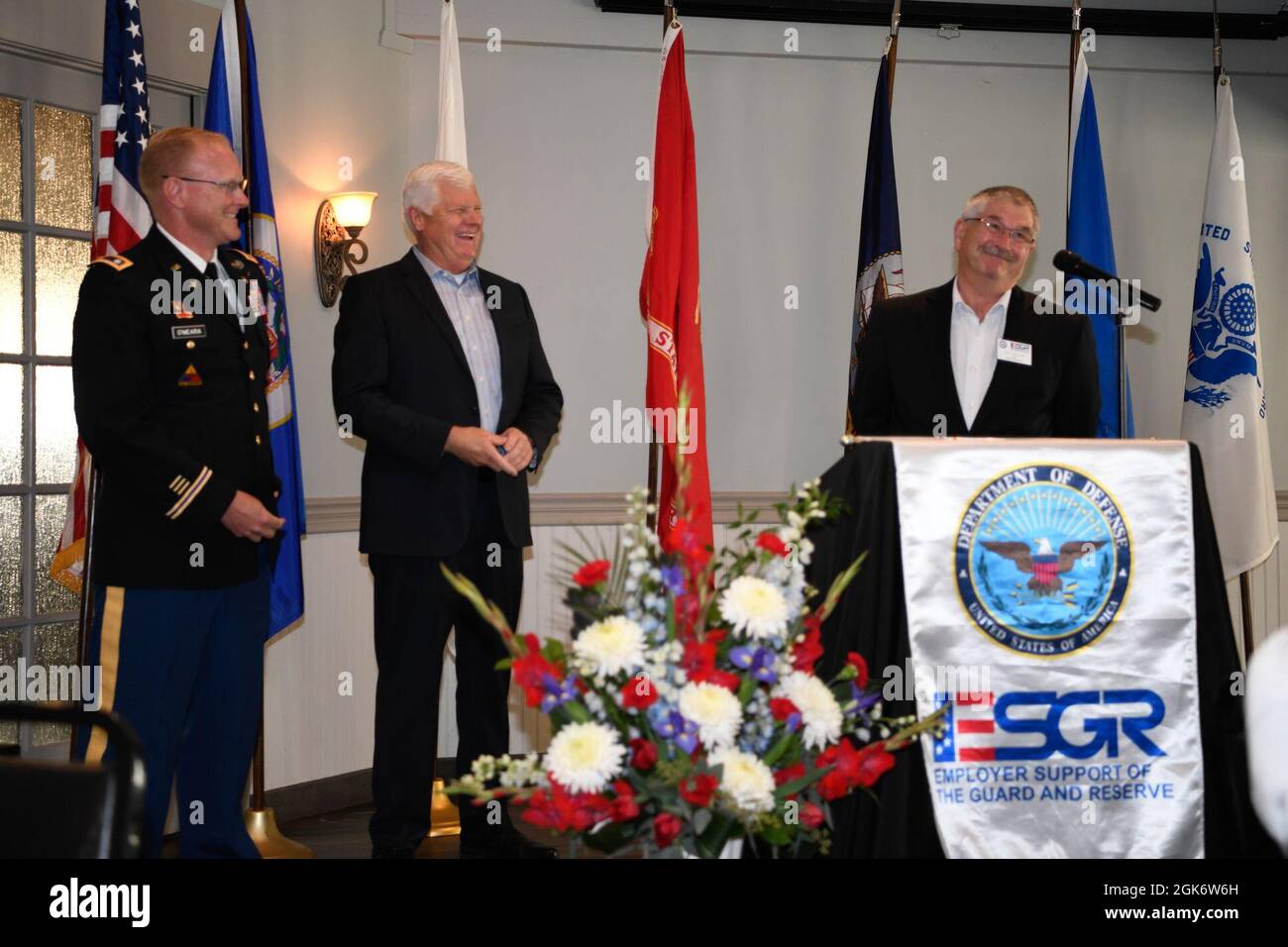 Community members, leaders, members of the Minnesota Committee for Employer Support of the Guard and Reserve (ESGR) and Minnesota National Guard gather August 18, 2021 in Willmar, Minnesota to celebrate Minnesota's Marcus Construction for receiving the Secretary of Defense’s Employer Support Freedom Award for its outstanding support shown as an employer of members of the National Guard. This award was one of only 15 given to employers across the 54 states, territories and the District of Columbia in 2021.    “I am proud to salute the outstanding employers who have earned the distinction of bei Stock Photo